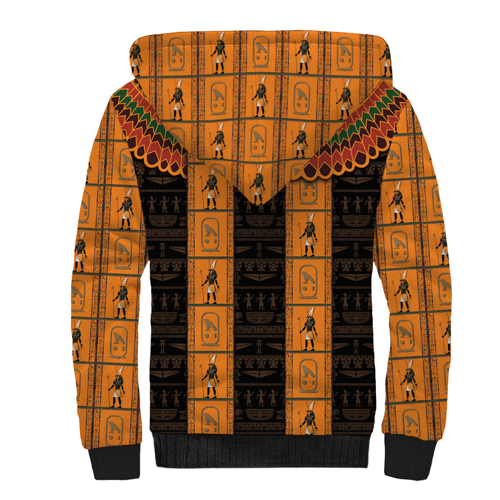 Egyptian God Horus Sherpa Hoodie Ancient Mythology Falcon Hieroglyphic Patterns