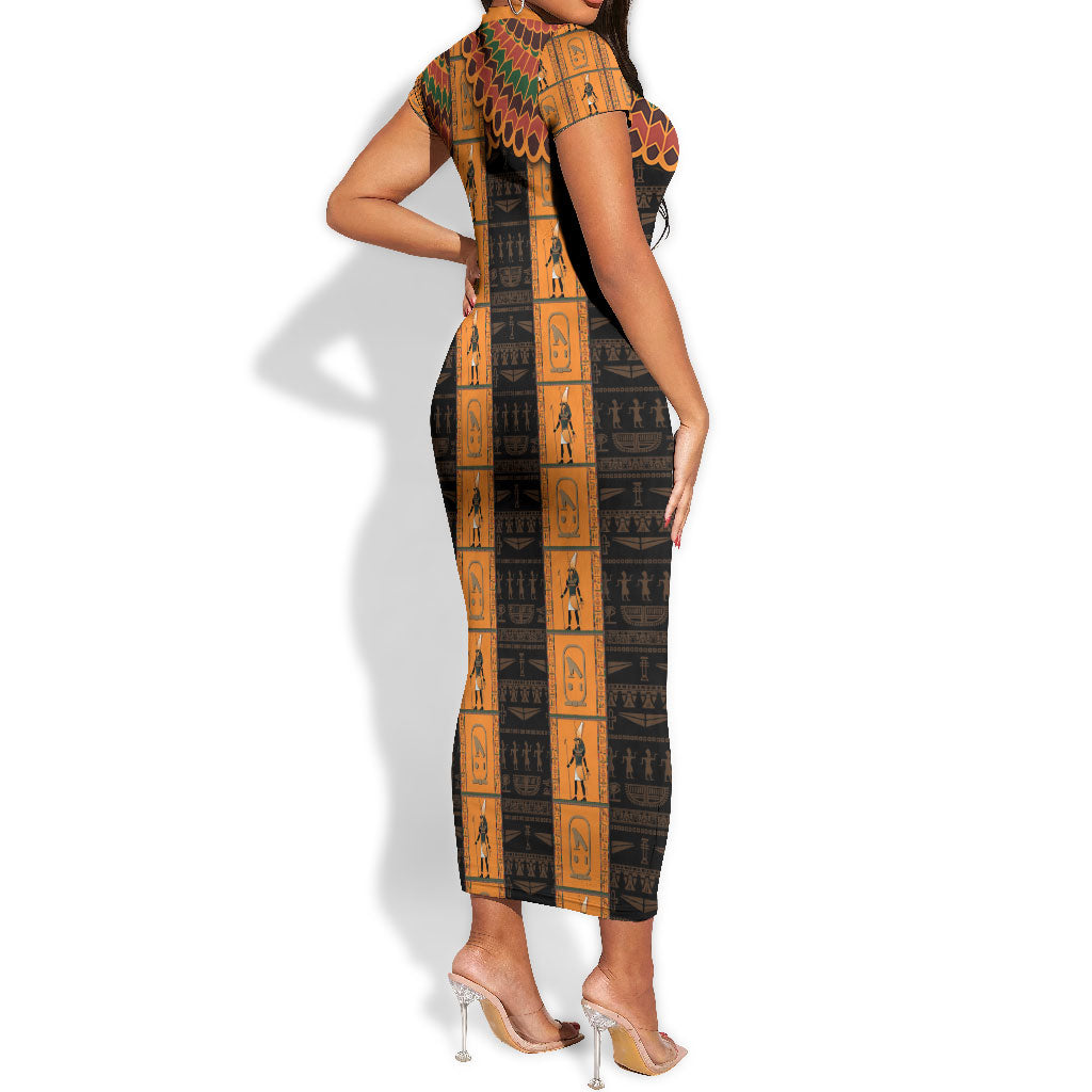 Egyptian God Horus Short Sleeve Bodycon Dress Ancient Mythology Falcon Hieroglyphic Patterns