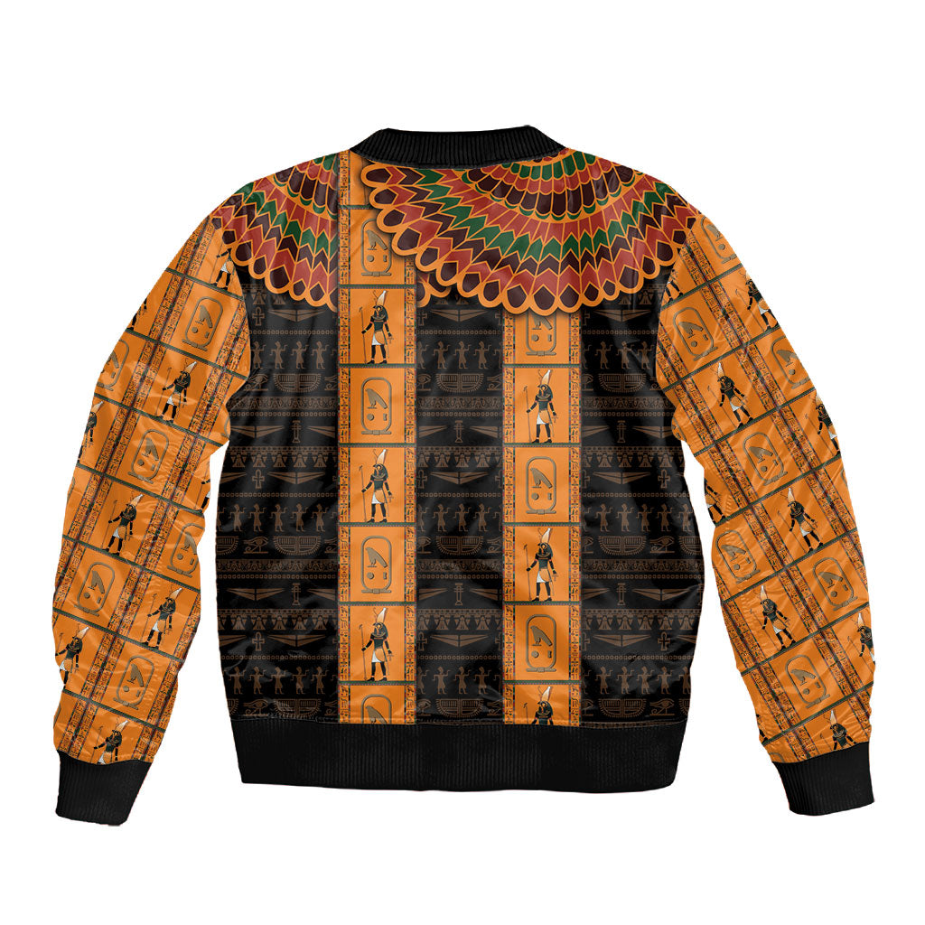 Egyptian God Horus Sleeve Zip Bomber Jacket Ancient Mythology Falcon Hieroglyphic Patterns