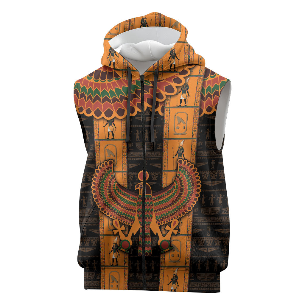 Egyptian God Horus Sleeveless Zip Hoodie Ancient Mythology Falcon Hieroglyphic Patterns