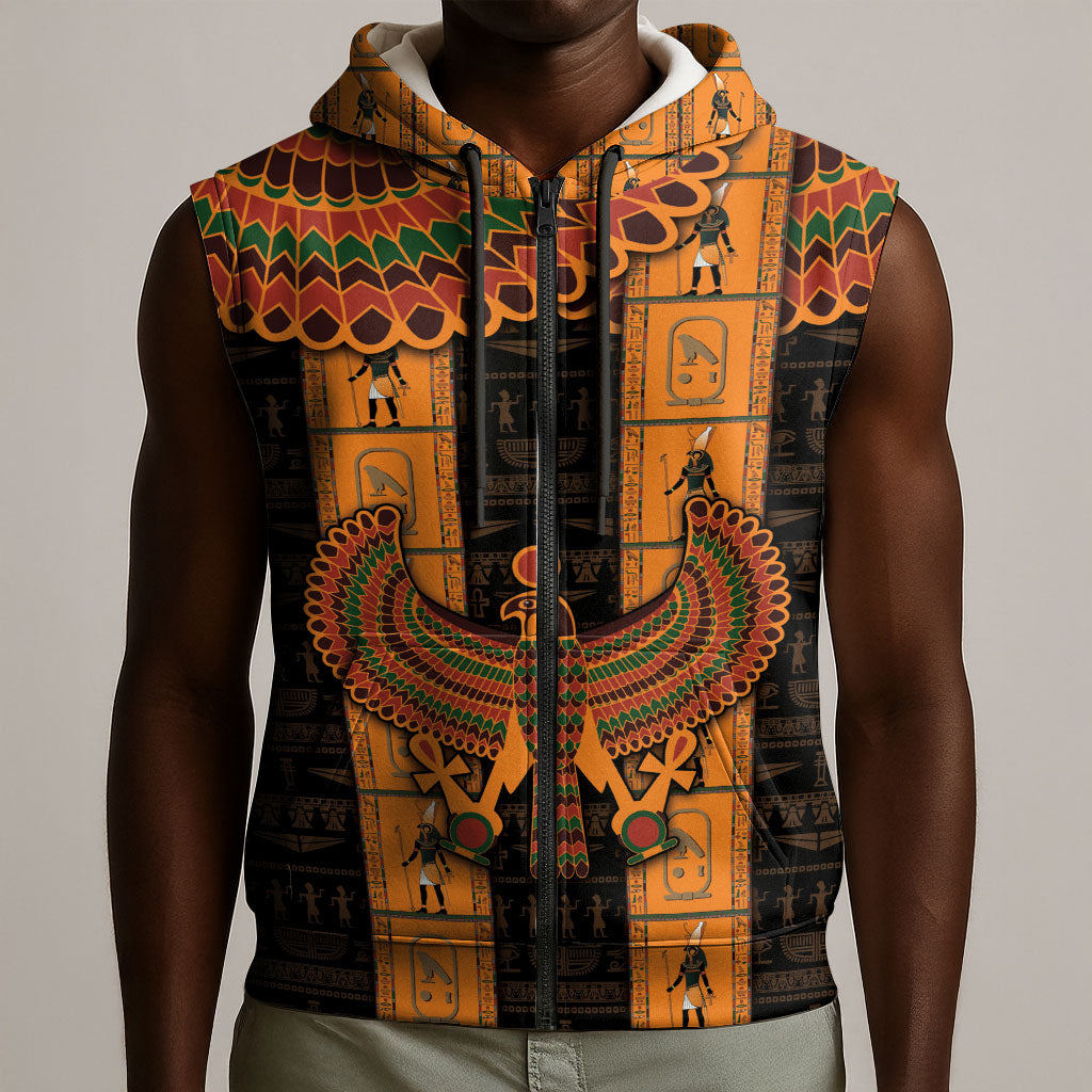 Egyptian God Horus Sleeveless Zip Hoodie Ancient Mythology Falcon Hieroglyphic Patterns