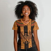Egyptian God Horus Women V-Neck T-Shirt Ancient Mythology Falcon Hieroglyphic Patterns