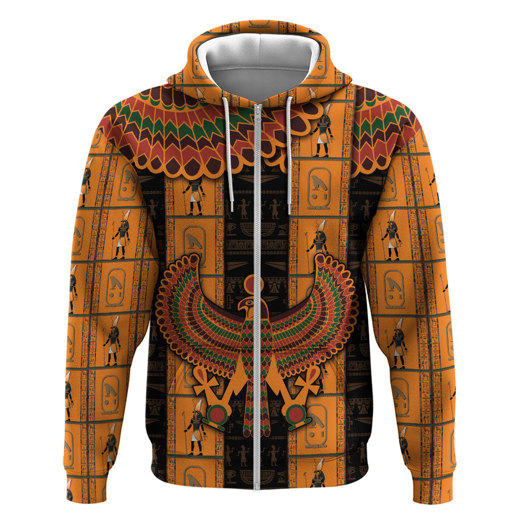 Egyptian God Horus Zip Hoodie Ancient Mythology Falcon Hieroglyphic Patterns