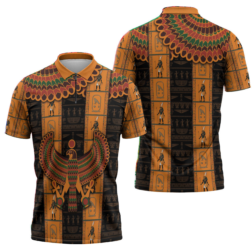 Egyptian God Horus Zipper Polo Shirt Ancient Mythology Falcon Hieroglyphic Patterns