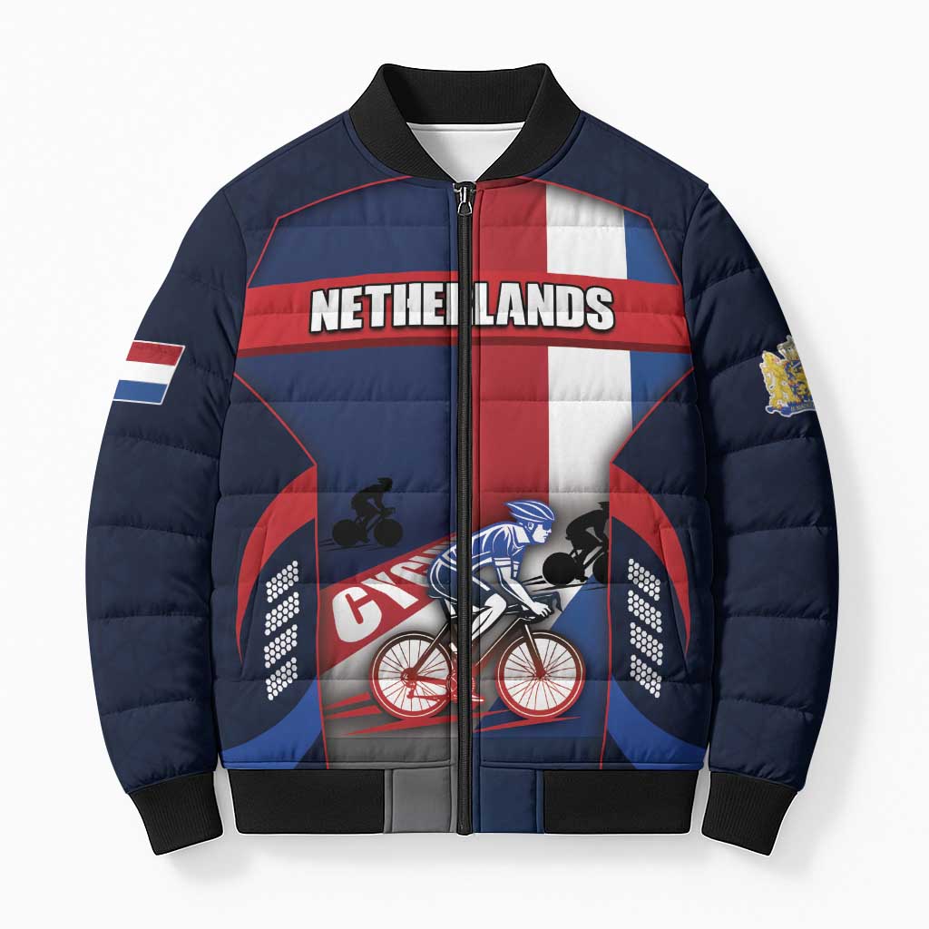Personalized Netherlands Cycling Bomber Puffer Jacket Sporty Style Navy - Wonder Print Shop
