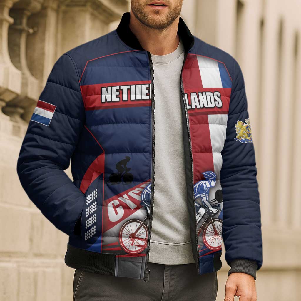 Personalized Netherlands Cycling Bomber Puffer Jacket Sporty Style Navy - Wonder Print Shop