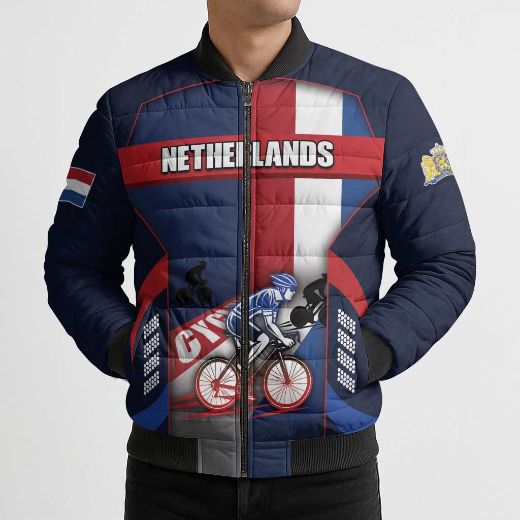 Personalized Netherlands Cycling Bomber Puffer Jacket Sporty Style Navy - Wonder Print Shop
