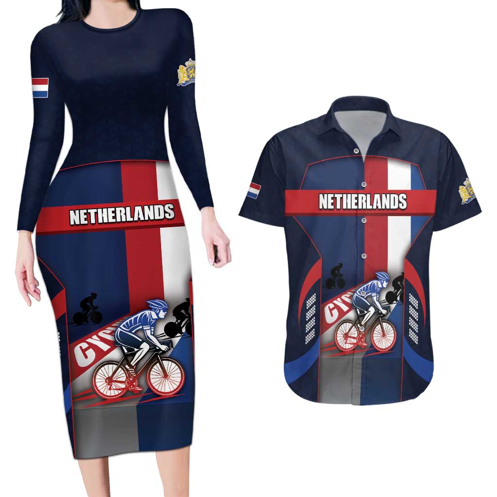 Personalized Netherlands Cycling Couples Matching Long Sleeve Bodycon Dress and Hawaiian Shirt Sporty Style Navy - Wonder Print Shop