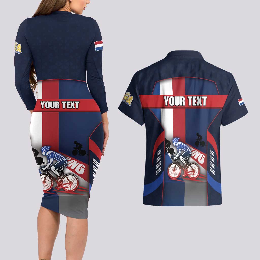 Personalized Netherlands Cycling Couples Matching Long Sleeve Bodycon Dress and Hawaiian Shirt Sporty Style Navy - Wonder Print Shop