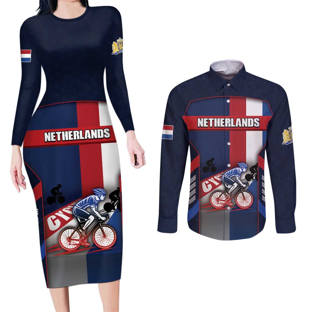 Personalized Netherlands Cycling Couples Matching Long Sleeve Bodycon Dress and Long Sleeve Button Shirt Sporty Style Navy - Wonder Print Shop