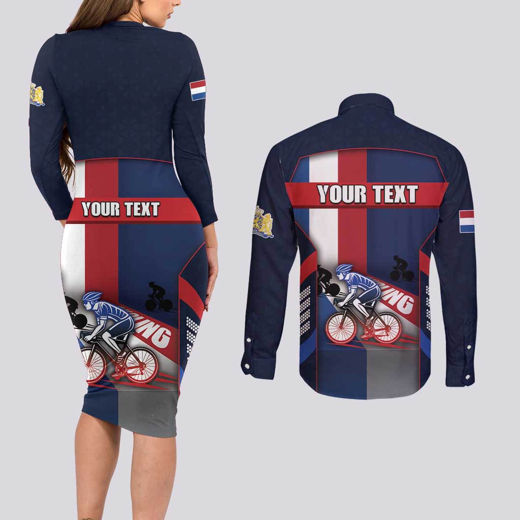 Personalized Netherlands Cycling Couples Matching Long Sleeve Bodycon Dress and Long Sleeve Button Shirt Sporty Style Navy - Wonder Print Shop