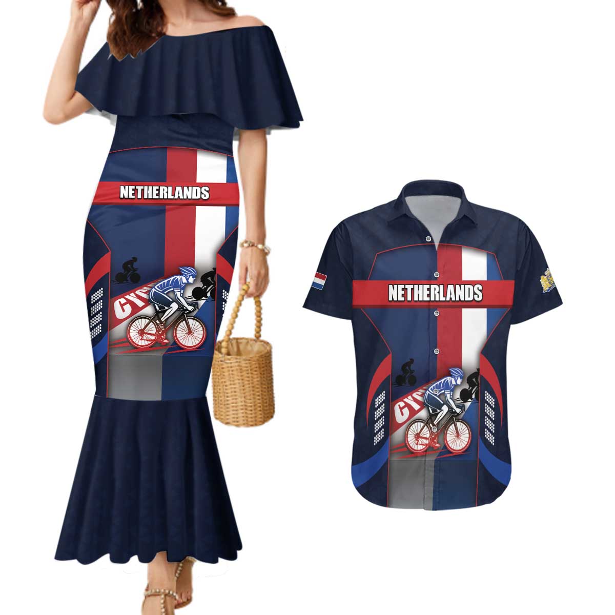 Personalized Netherlands Cycling Couples Matching Mermaid Dress and Hawaiian Shirt Sporty Style Navy - Wonder Print Shop