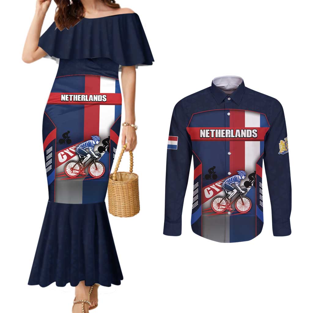 Personalized Netherlands Cycling Couples Matching Mermaid Dress and Long Sleeve Button Shirt Sporty Style Navy - Wonder Print Shop