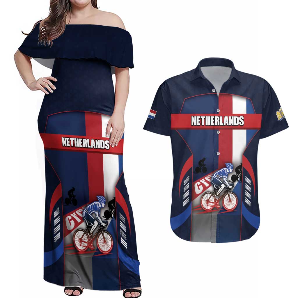 Personalized Netherlands Cycling Couples Matching Off Shoulder Maxi Dress and Hawaiian Shirt Sporty Style Navy - Wonder Print Shop