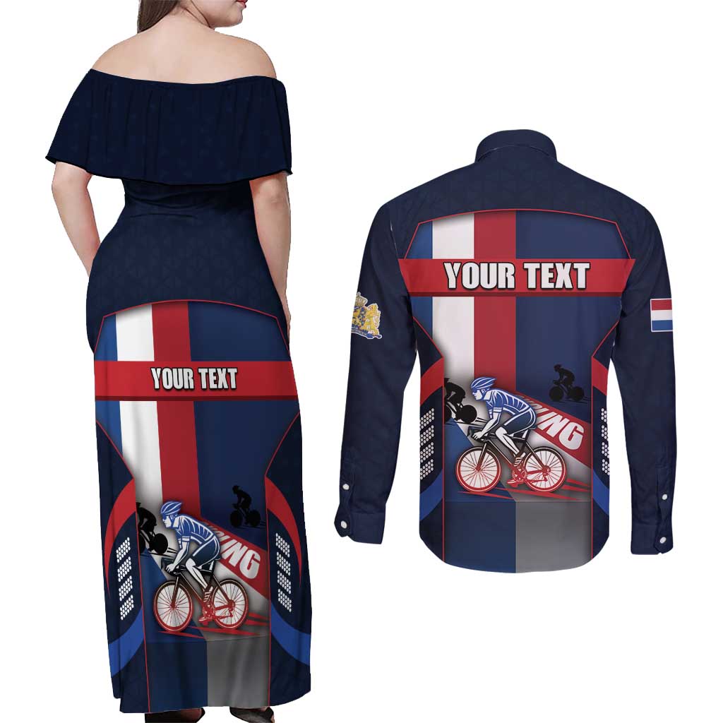 Personalized Netherlands Cycling Couples Matching Off Shoulder Maxi Dress and Long Sleeve Button Shirt Sporty Style Navy - Wonder Print Shop