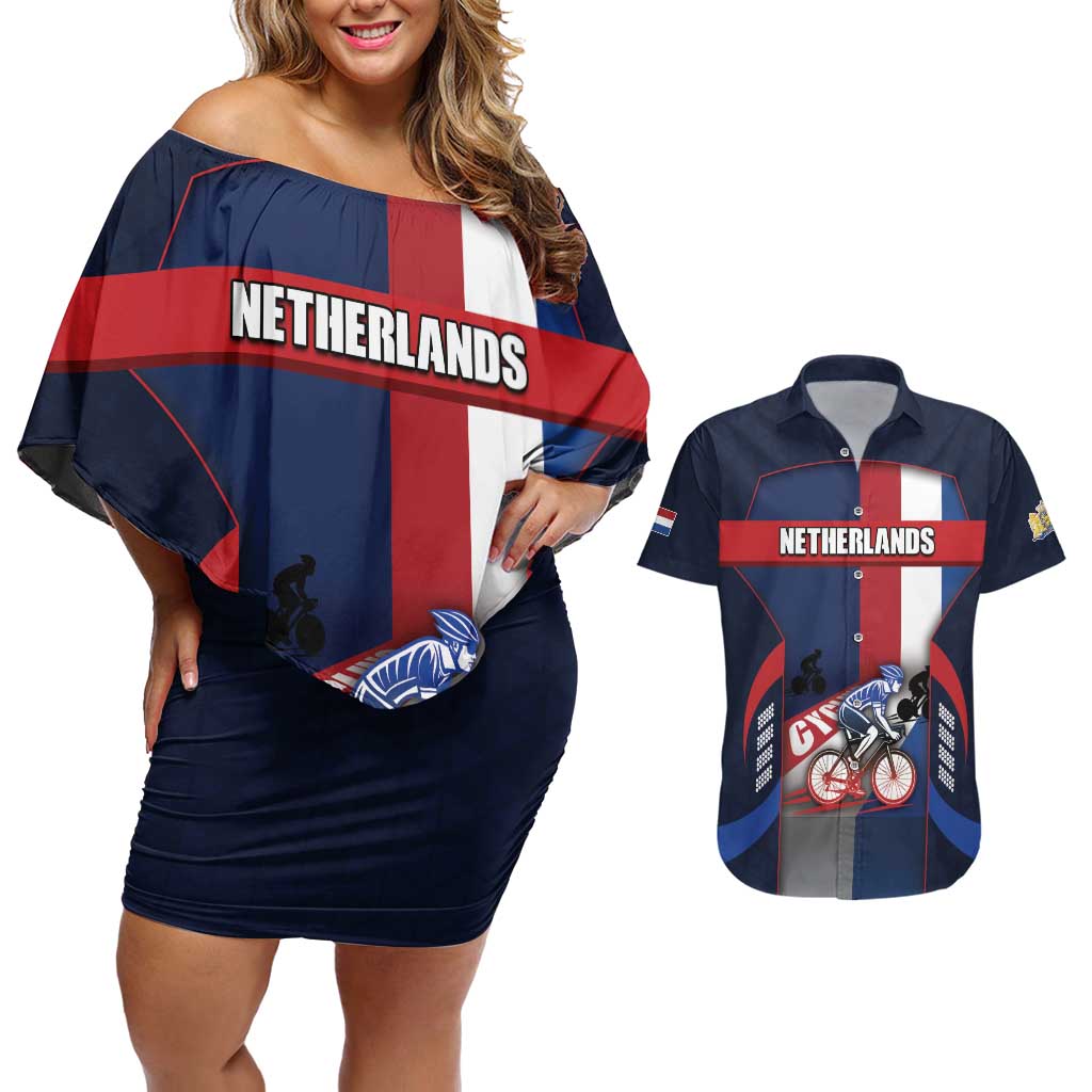 Personalized Netherlands Cycling Couples Matching Off Shoulder Short Dress and Hawaiian Shirt Sporty Style Navy - Wonder Print Shop