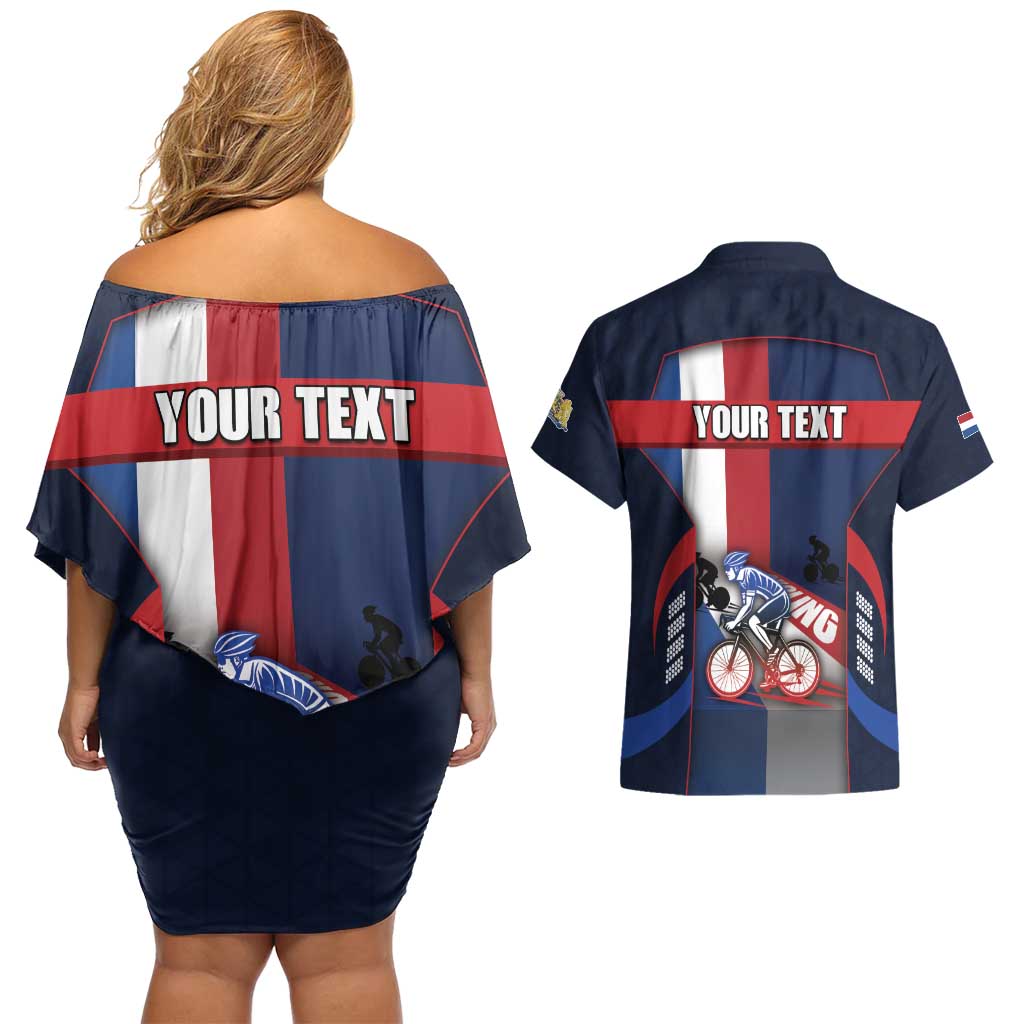 Personalized Netherlands Cycling Couples Matching Off Shoulder Short Dress and Hawaiian Shirt Sporty Style Navy - Wonder Print Shop