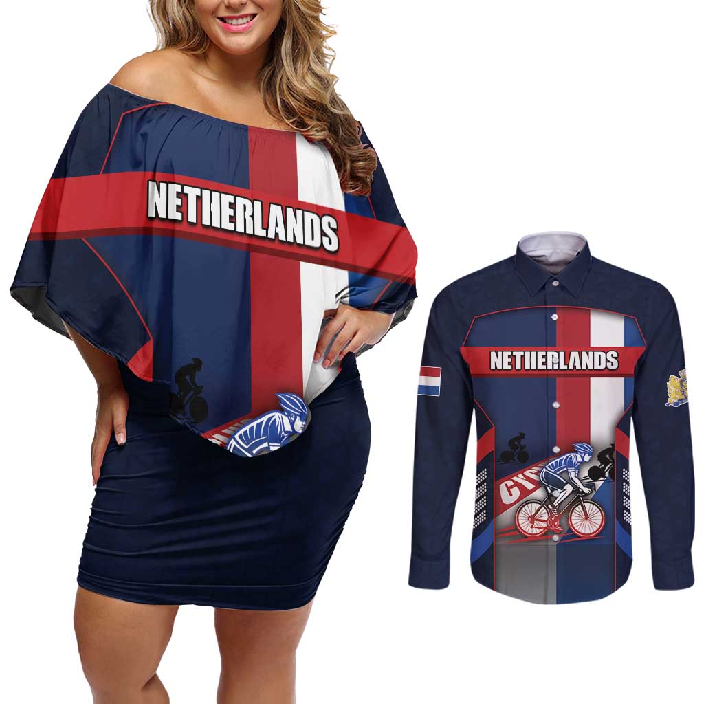 Personalized Netherlands Cycling Couples Matching Off Shoulder Short Dress and Long Sleeve Button Shirt Sporty Style Navy - Wonder Print Shop