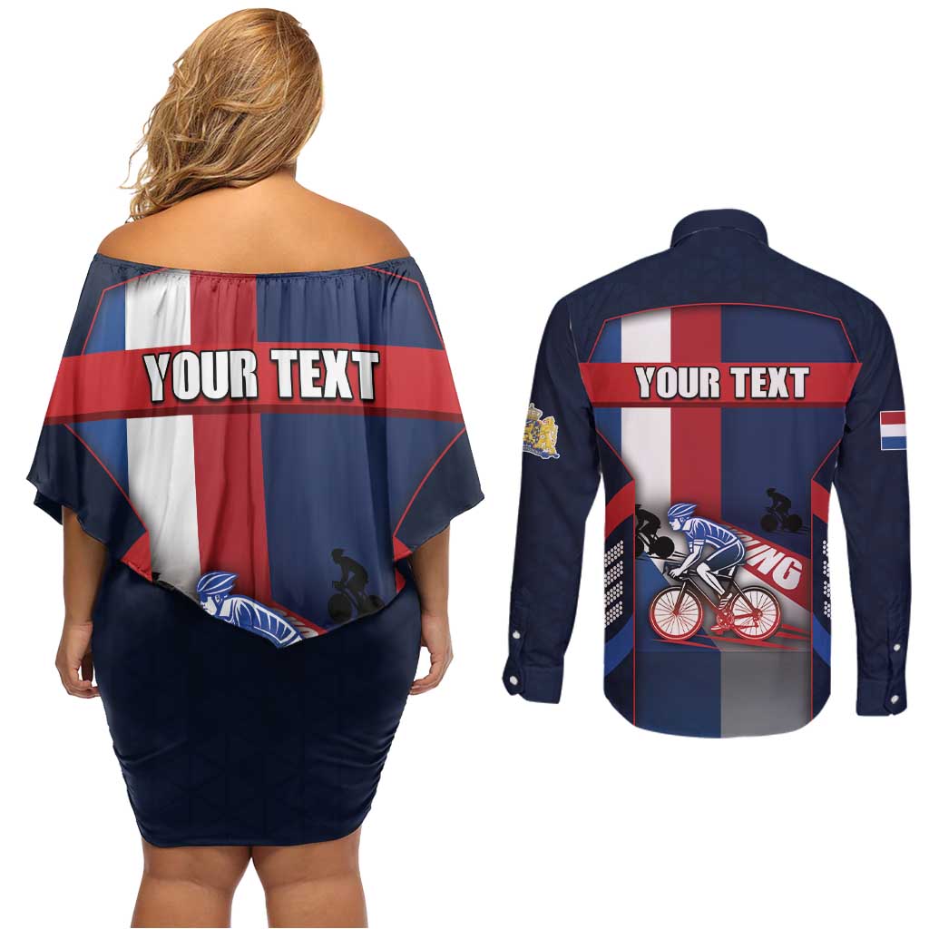 Personalized Netherlands Cycling Couples Matching Off Shoulder Short Dress and Long Sleeve Button Shirt Sporty Style Navy - Wonder Print Shop