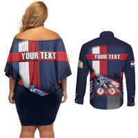 Personalized Netherlands Cycling Couples Matching Off Shoulder Short Dress and Long Sleeve Button Shirt Sporty Style Navy - Wonder Print Shop
