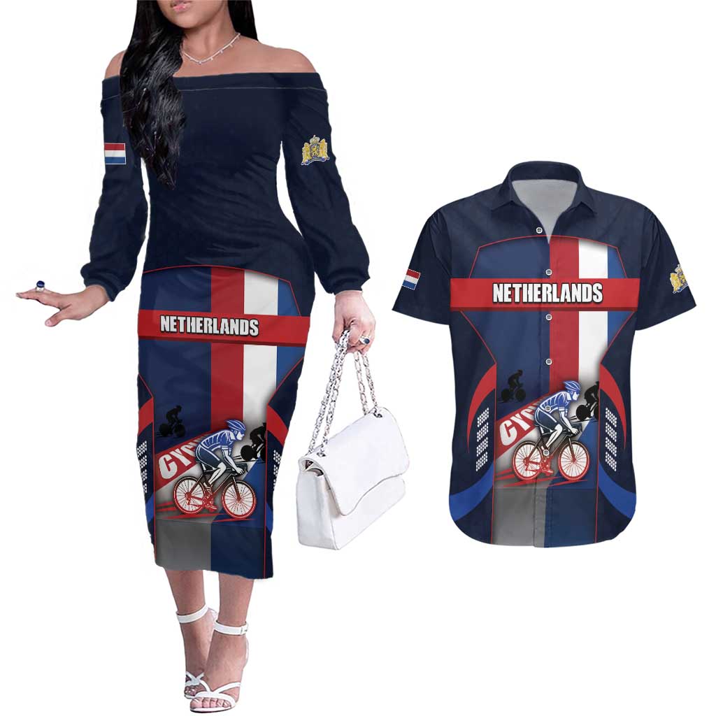 Personalized Netherlands Cycling Couples Matching Off The Shoulder Long Sleeve Dress and Hawaiian Shirt Sporty Style Navy - Wonder Print Shop