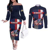 Personalized Netherlands Cycling Couples Matching Off The Shoulder Long Sleeve Dress and Long Sleeve Button Shirt Sporty Style Navy - Wonder Print Shop