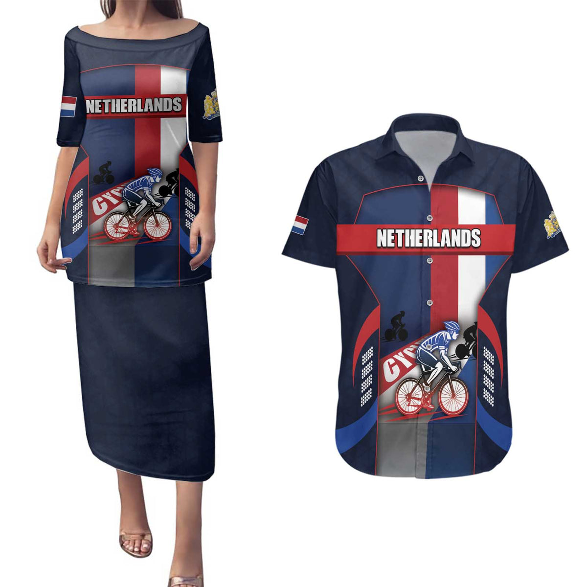 Personalized Netherlands Cycling Couples Matching Puletasi and Hawaiian Shirt Sporty Style Navy - Wonder Print Shop