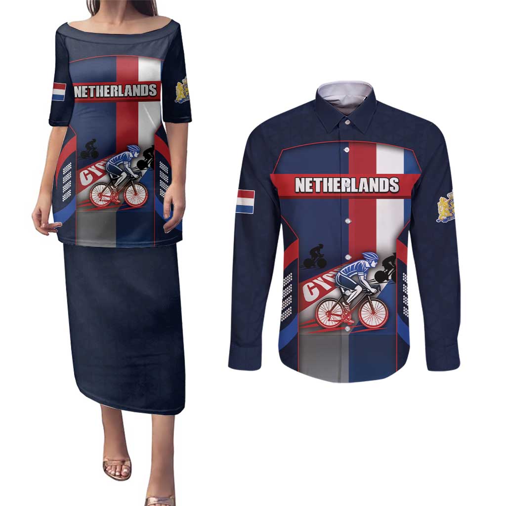 Personalized Netherlands Cycling Couples Matching Puletasi and Long Sleeve Button Shirt Sporty Style Navy - Wonder Print Shop