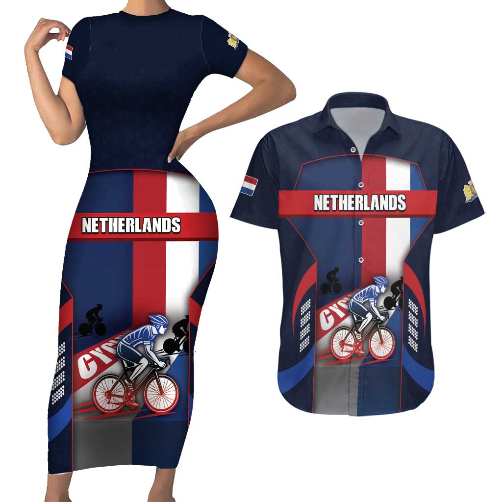 Personalized Netherlands Cycling Couples Matching Short Sleeve Bodycon Dress and Hawaiian Shirt Sporty Style Navy - Wonder Print Shop
