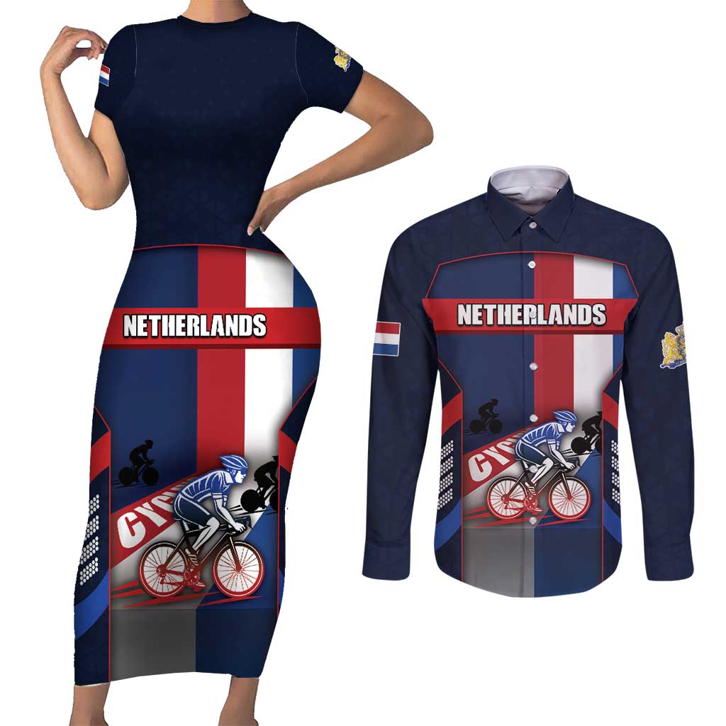 Personalized Netherlands Cycling Couples Matching Short Sleeve Bodycon Dress and Long Sleeve Button Shirt Sporty Style Navy - Wonder Print Shop