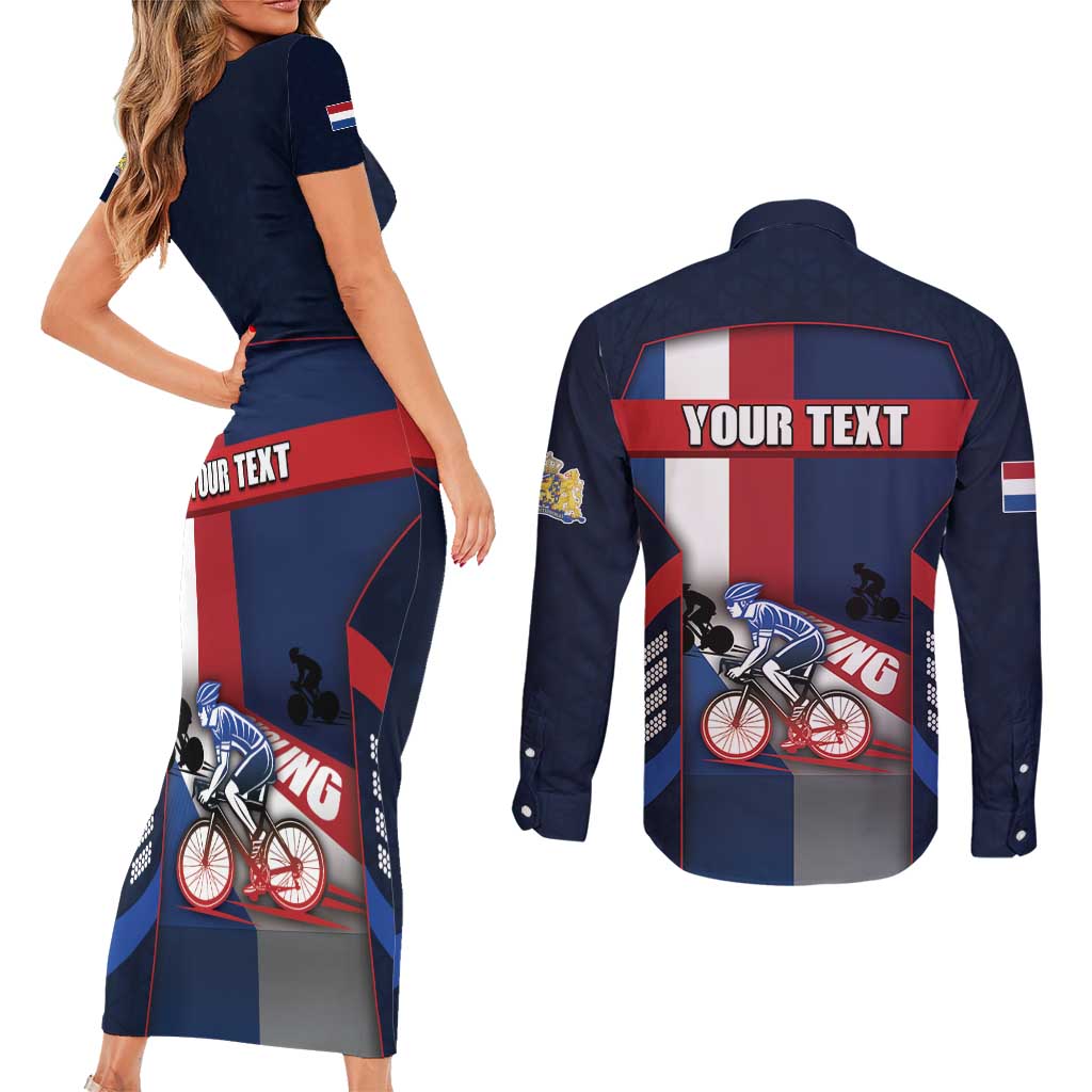 Personalized Netherlands Cycling Couples Matching Short Sleeve Bodycon Dress and Long Sleeve Button Shirt Sporty Style Navy - Wonder Print Shop