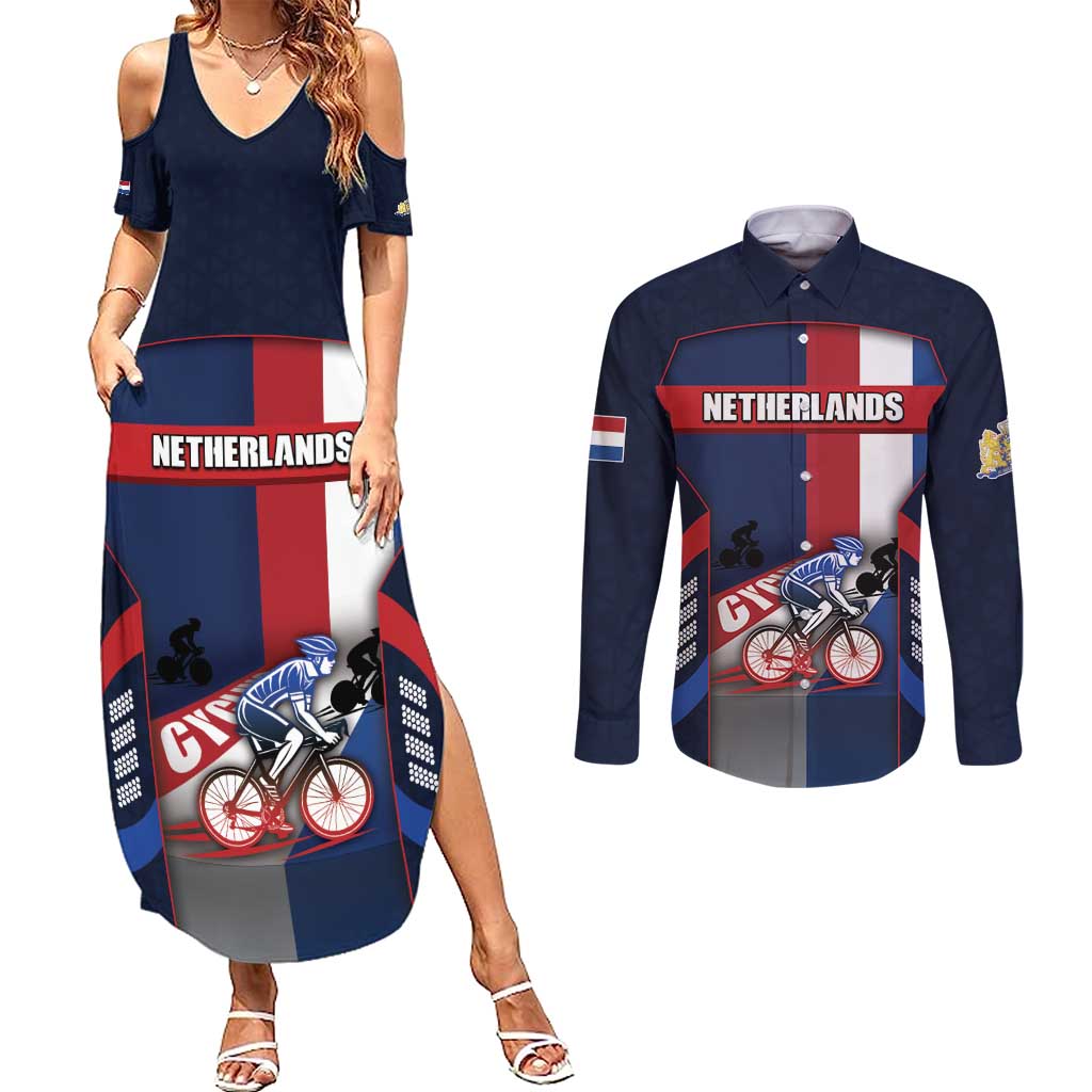 Personalized Netherlands Cycling Couples Matching Summer Maxi Dress and Long Sleeve Button Shirt Sporty Style Navy - Wonder Print Shop