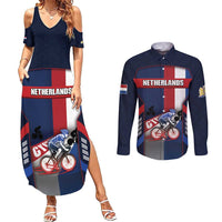Personalized Netherlands Cycling Couples Matching Summer Maxi Dress and Long Sleeve Button Shirt Sporty Style Navy - Wonder Print Shop