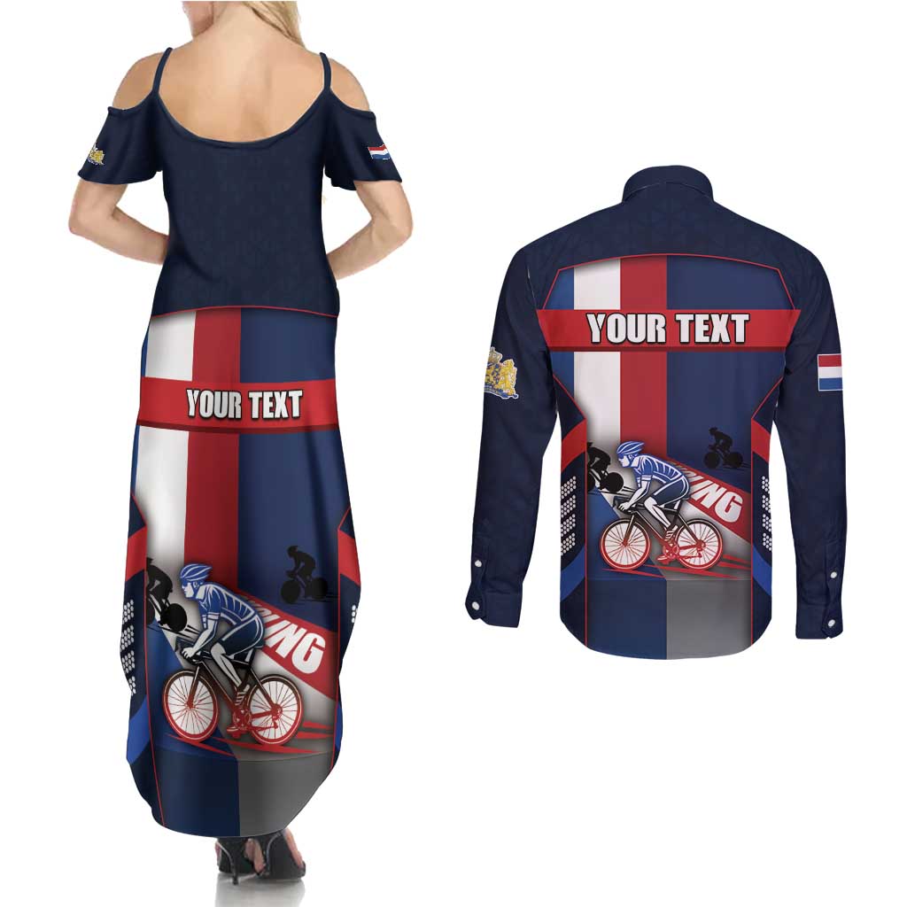 Personalized Netherlands Cycling Couples Matching Summer Maxi Dress and Long Sleeve Button Shirt Sporty Style Navy - Wonder Print Shop