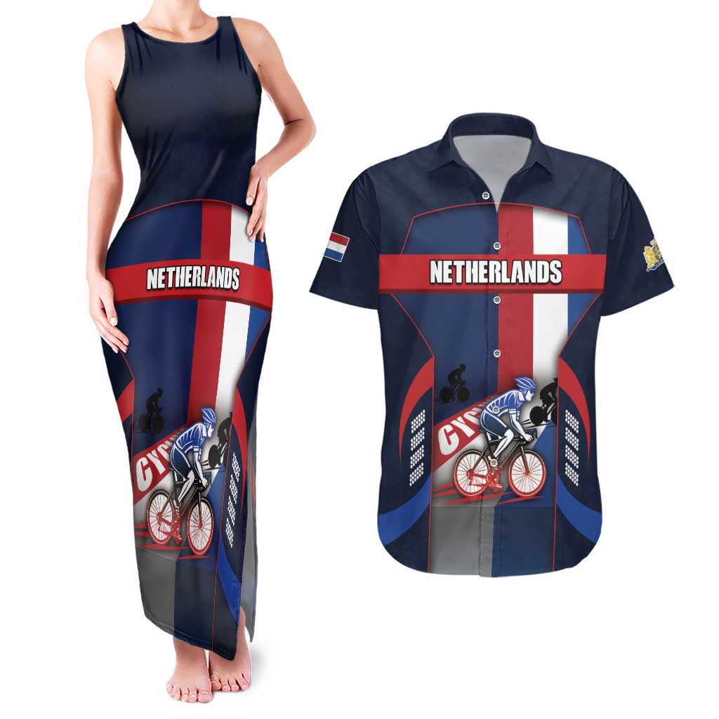 Personalized Netherlands Cycling Couples Matching Tank Maxi Dress and Hawaiian Shirt Sporty Style Navy - Wonder Print Shop
