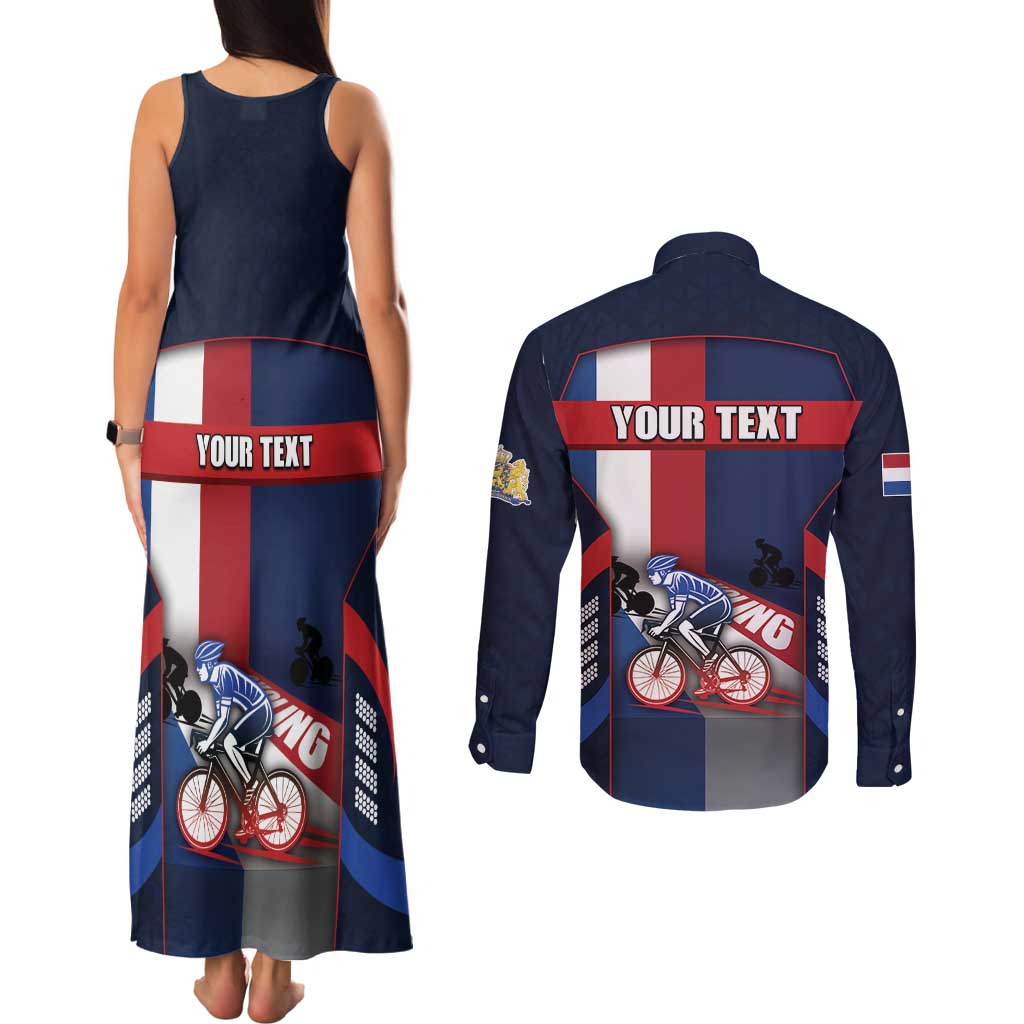 Personalized Netherlands Cycling Couples Matching Tank Maxi Dress and Long Sleeve Button Shirt Sporty Style Navy - Wonder Print Shop