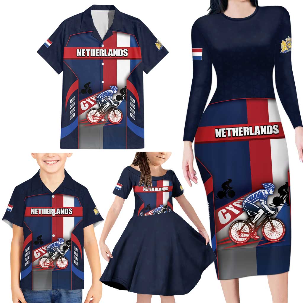 Personalized Netherlands Cycling Family Matching Long Sleeve Bodycon Dress and Hawaiian Shirt Sporty Style Navy - Wonder Print Shop