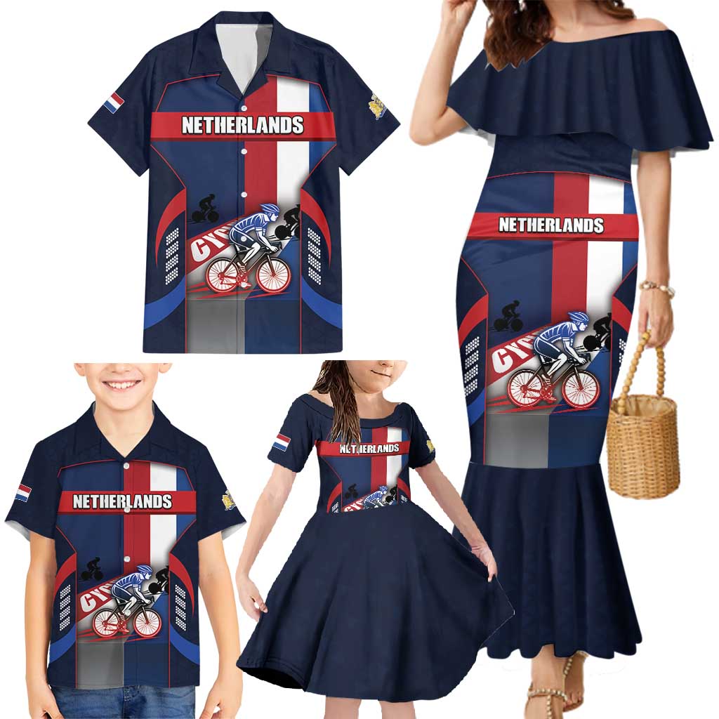 Personalized Netherlands Cycling Family Matching Mermaid Dress and Hawaiian Shirt Sporty Style Navy - Wonder Print Shop