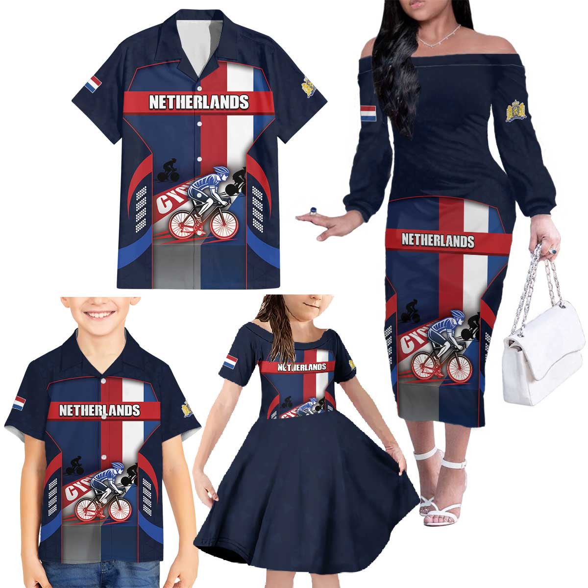 Personalized Netherlands Cycling Family Matching Off The Shoulder Long Sleeve Dress and Hawaiian Shirt Sporty Style Navy - Wonder Print Shop