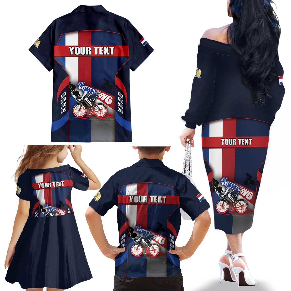 Personalized Netherlands Cycling Family Matching Off The Shoulder Long Sleeve Dress and Hawaiian Shirt Sporty Style Navy - Wonder Print Shop