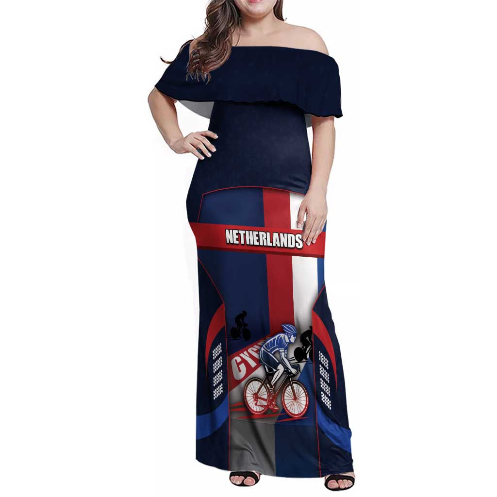 Personalized Netherlands Cycling Family Matching Off Shoulder Maxi Dress and Hawaiian Shirt Sporty Style Navy - Wonder Print Shop