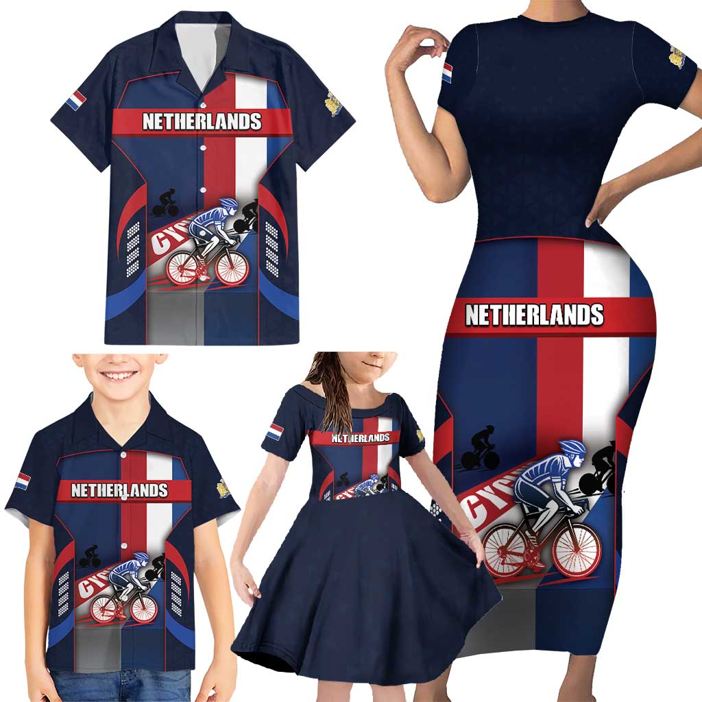 Personalized Netherlands Cycling Family Matching Short Sleeve Bodycon Dress and Hawaiian Shirt Sporty Style Navy - Wonder Print Shop
