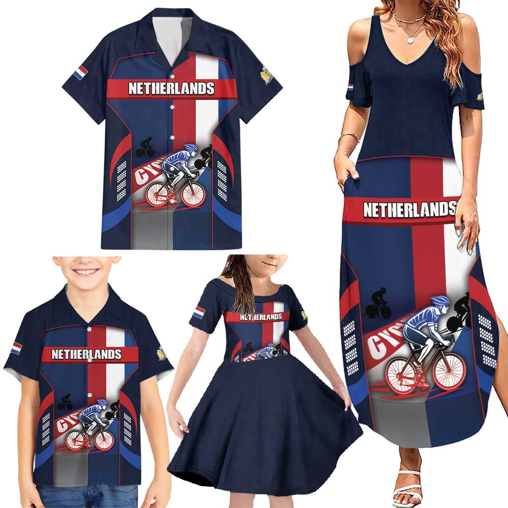 Personalized Netherlands Cycling Family Matching Summer Maxi Dress and Hawaiian Shirt Sporty Style Navy - Wonder Print Shop