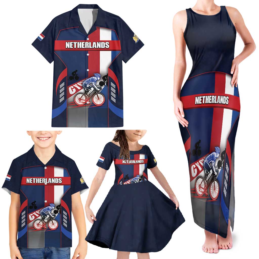 Personalized Netherlands Cycling Family Matching Tank Maxi Dress and Hawaiian Shirt Sporty Style Navy - Wonder Print Shop