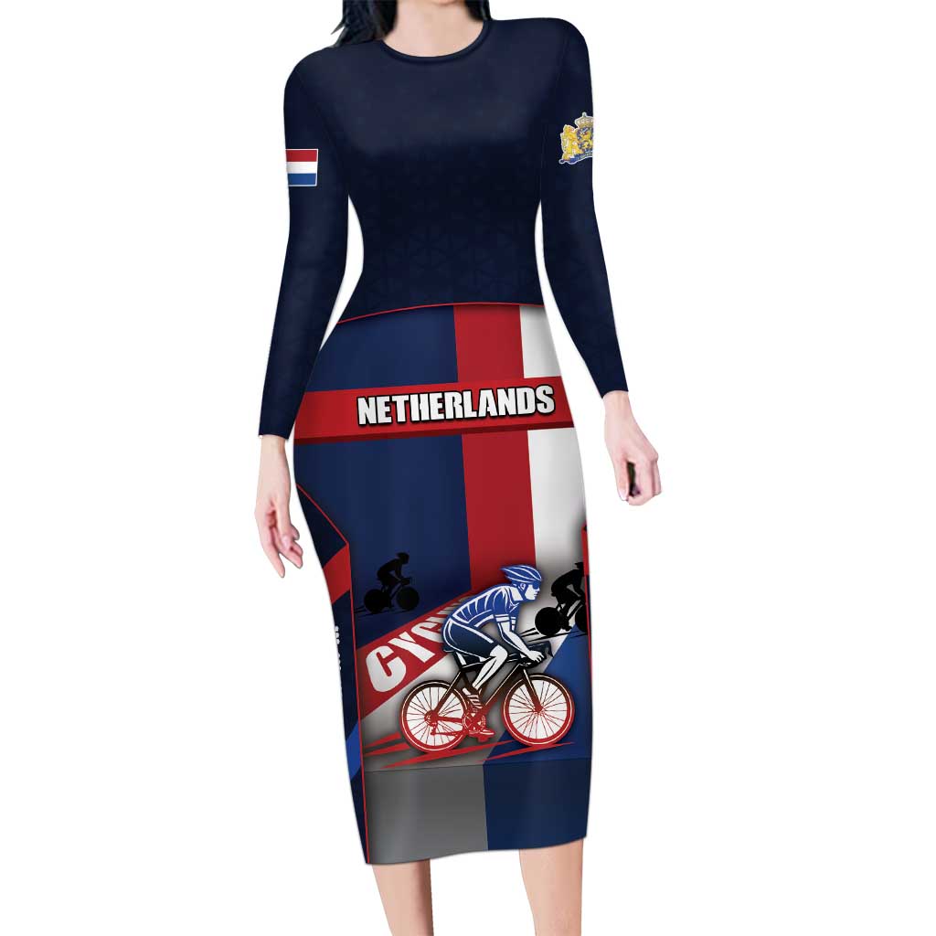 Personalized Netherlands Cycling Long Sleeve Bodycon Dress Sporty Style Navy - Wonder Print Shop