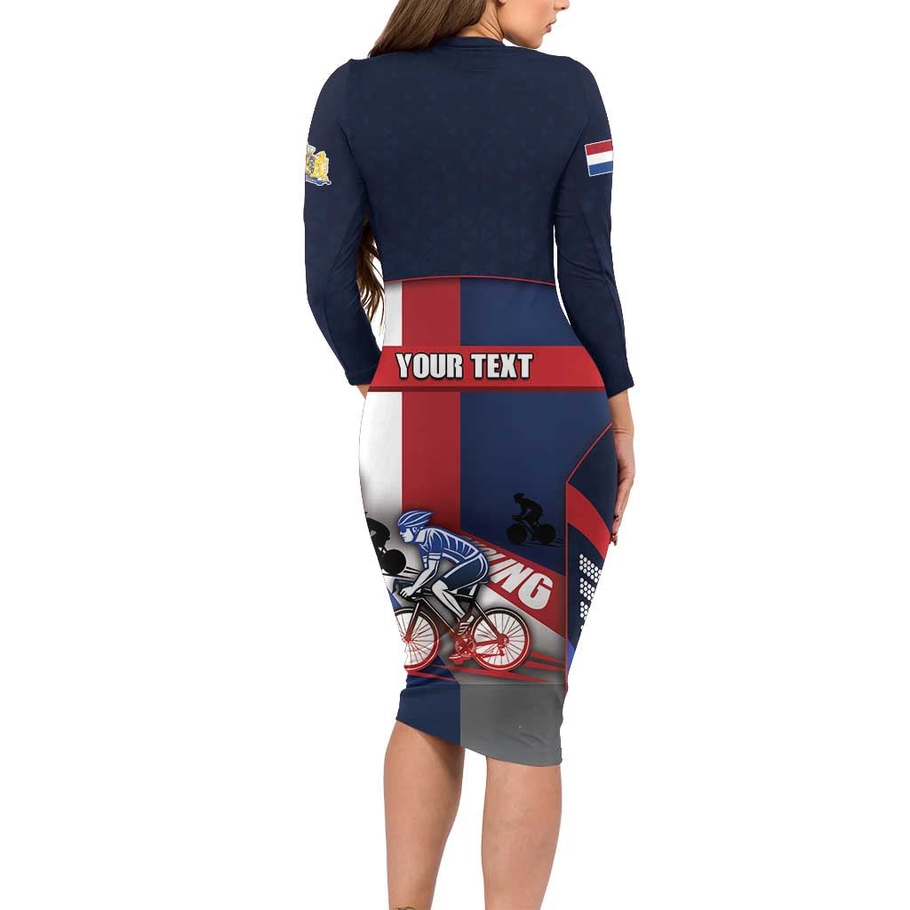 Personalized Netherlands Cycling Long Sleeve Bodycon Dress Sporty Style Navy - Wonder Print Shop