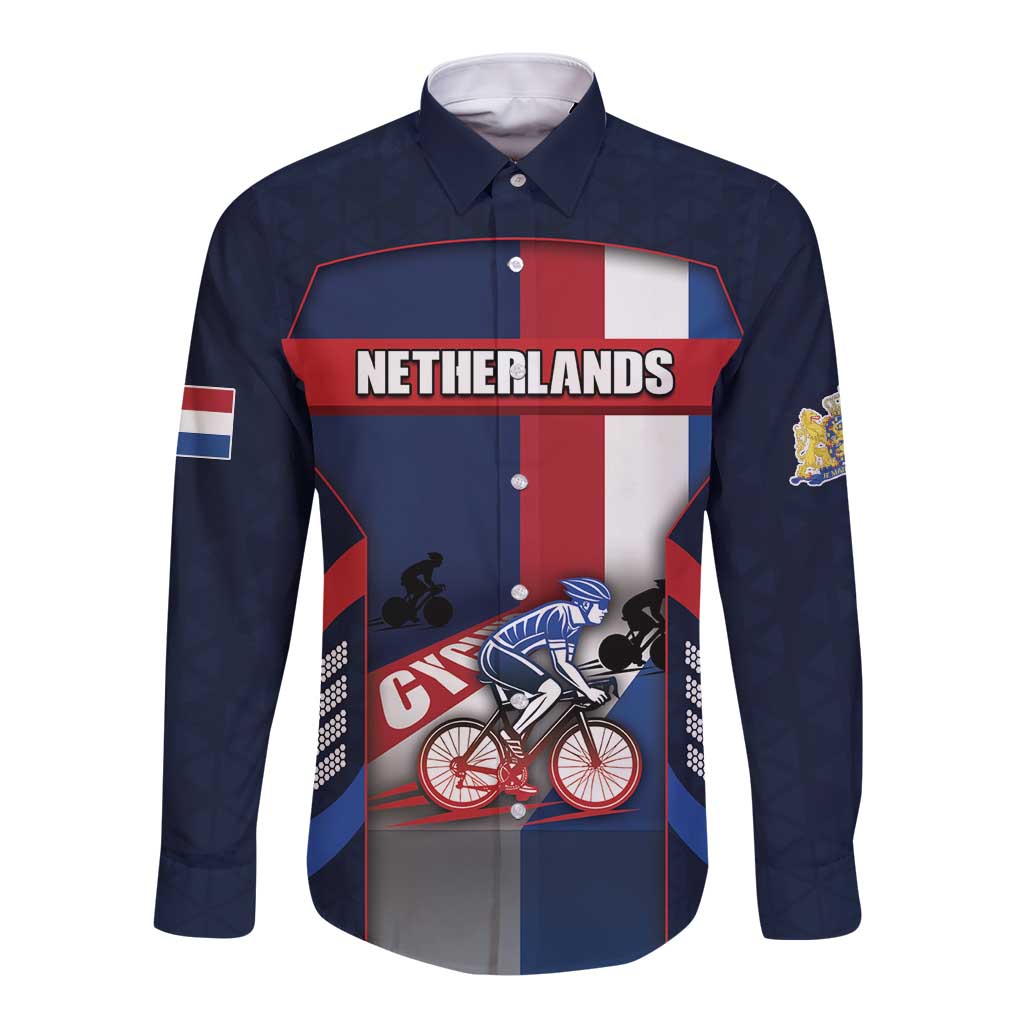 Personalized Netherlands Cycling Long Sleeve Button Shirt Sporty Style Navy - Wonder Print Shop