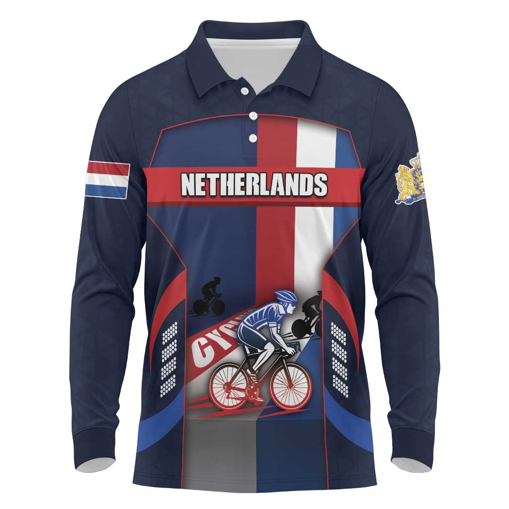 Personalized Netherlands Cycling Long Sleeve Polo Shirt Sporty Style Navy - Wonder Print Shop