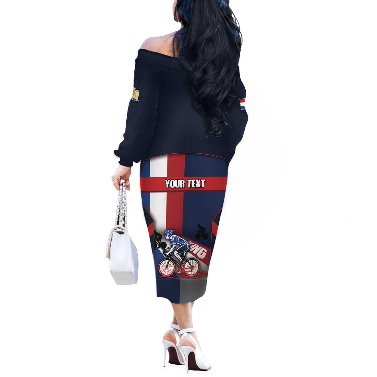 Personalized Netherlands Cycling Off The Shoulder Long Sleeve Dress Sporty Style Navy - Wonder Print Shop