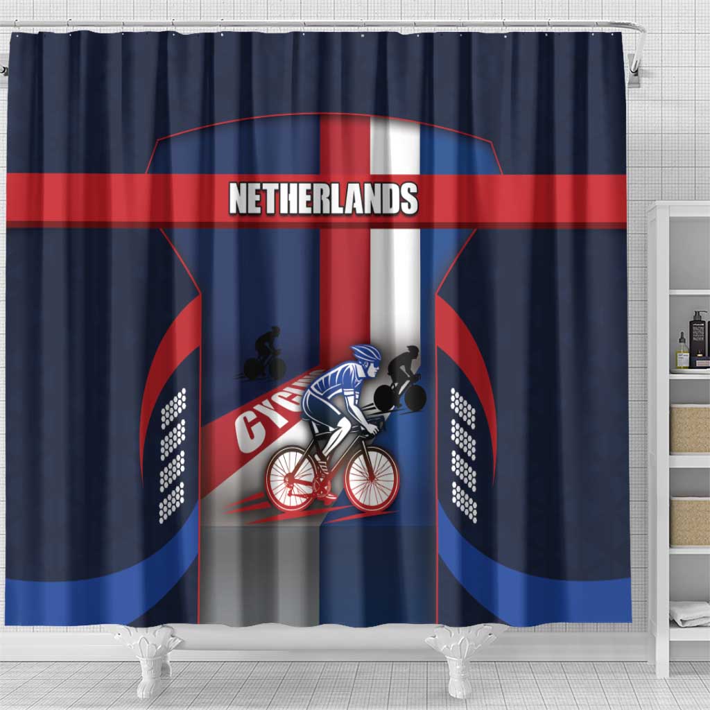 Netherlands Cycling Shower Curtain Sporty Style Navy - Wonder Print Shop